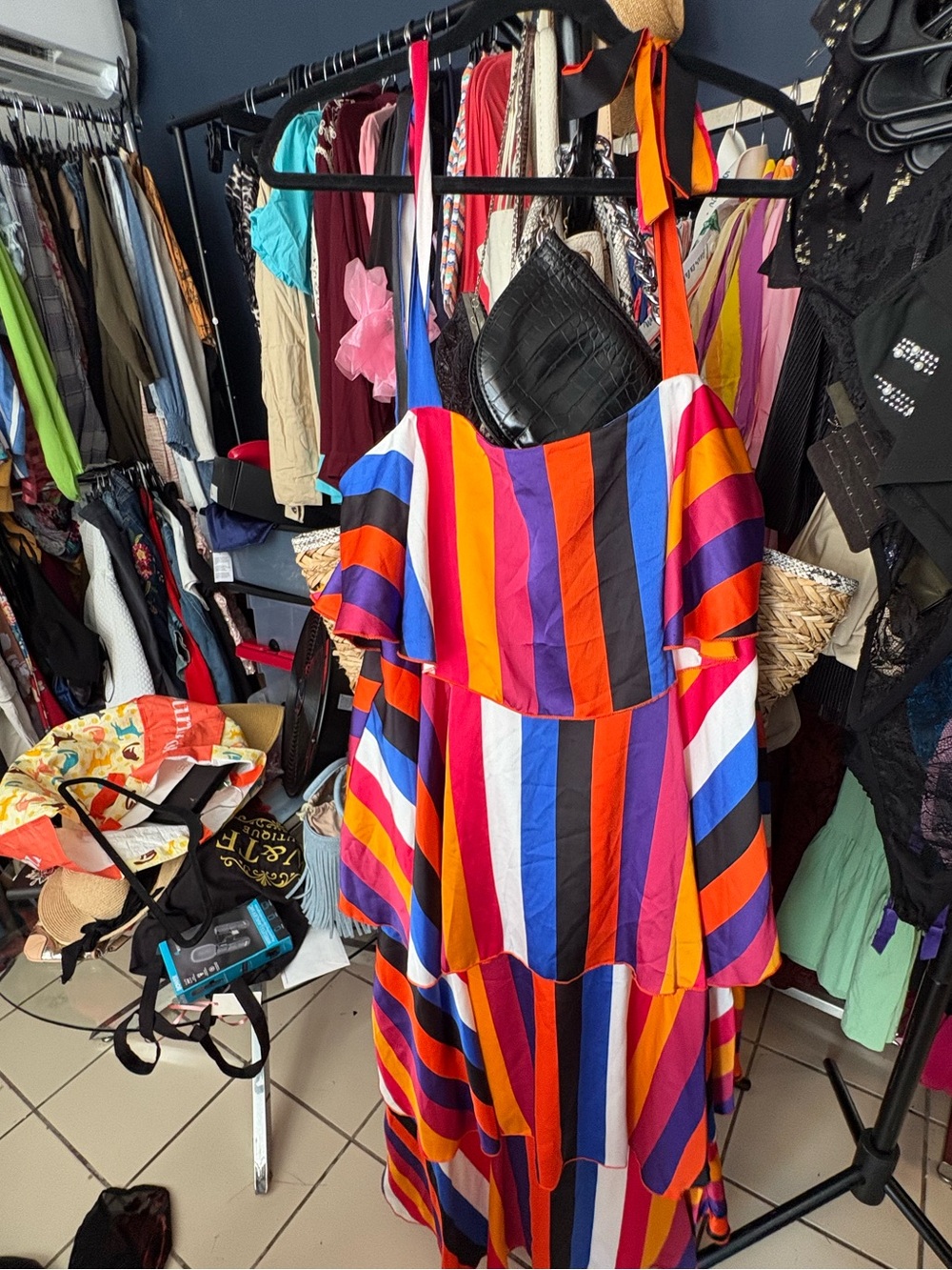 Colorful Multi-Stripe Maxi Dress with Ruffle Sleeves. Size XL